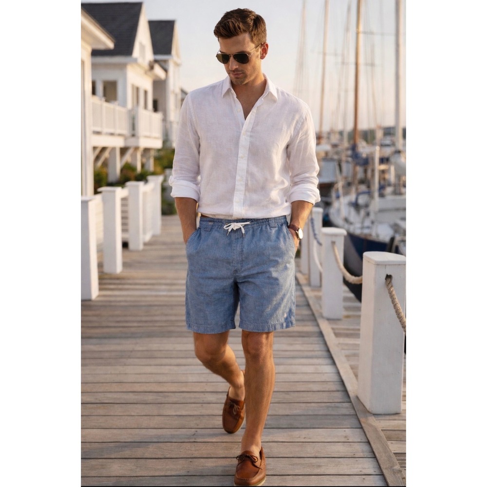 Polo Ralph Lauren Mens Blue Chambray Classic Fit Drawstring Shorts Size Large
